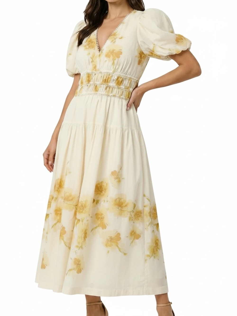 NWT TAYLOR Cream Floral V-Neck Smock Waist Side Pocket Lined Dress Size 10